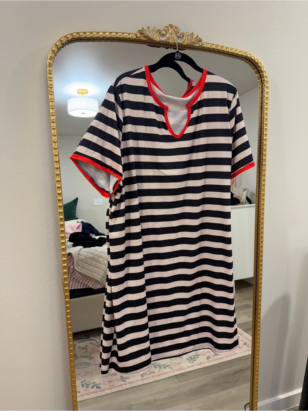 SHEIN Black & White Striped Tee Dress with Red Trim